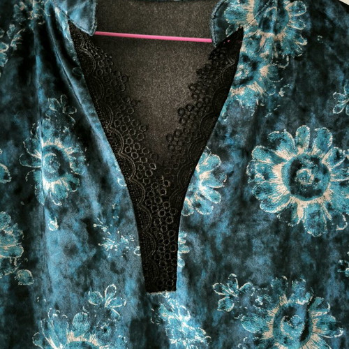 Velvet blouse long-sleeve with lace new, petrol color