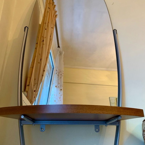 Hair Salon Console Mirrors like new, modern, with wooden shelf and metal base, 2 pcs