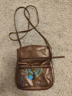 Boho crossbody bag brown with embroidery used, multiple compartments