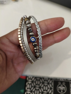 Boho Multi-Strand Bracelet with Eye, Rhinestones & Magnetic Clasp used, silver