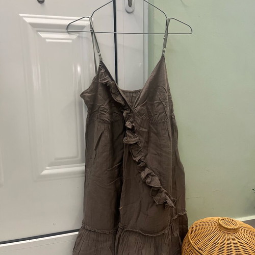 Boho Khaki Mini Dress Size S used, romantic ruffles and lace detail