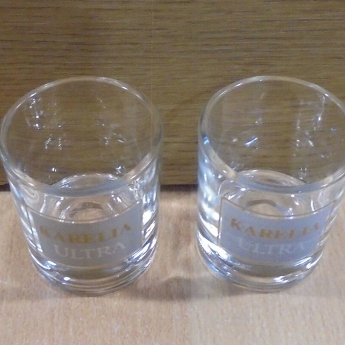 Karelia Ultra cigarettes set of two used promotional shot glasses