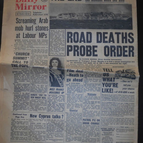 Daily Mirror 1963 newspaper used, Cyprus riots and Lakonia shipwreck