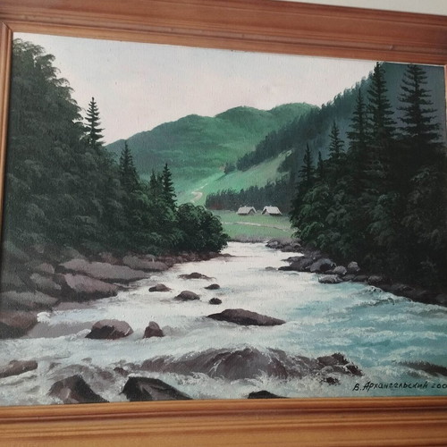 Oil painting on canvas signed 2005, like new, framed mountain landscape
