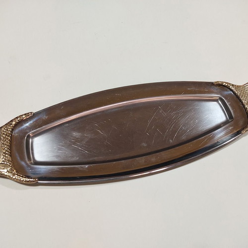 Serving platters used, stainless steel with brass engravings, set of 3