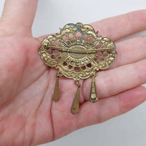 Vintage brass brooch with pendants and cabochon