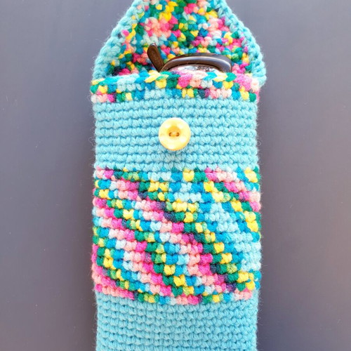 Boho turquoise glasses case with multicolored stripes, handmade