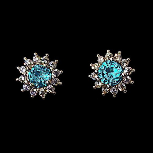 Ocean Dahlia silver stud earrings with aquamarine and zircon