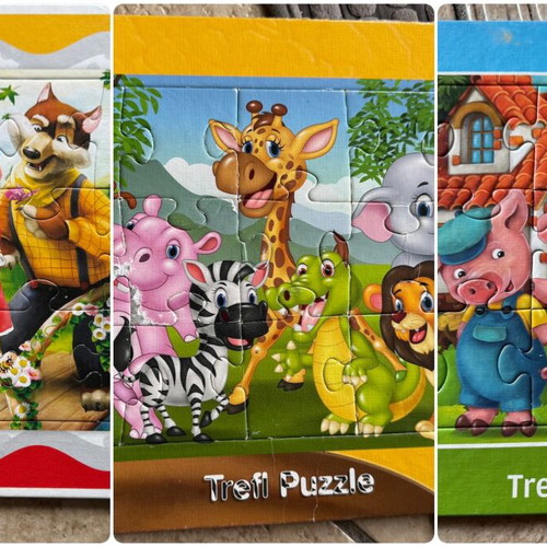 Puzzle like new, three 15-piece sets with Little Red Riding Hood, pigs, animals