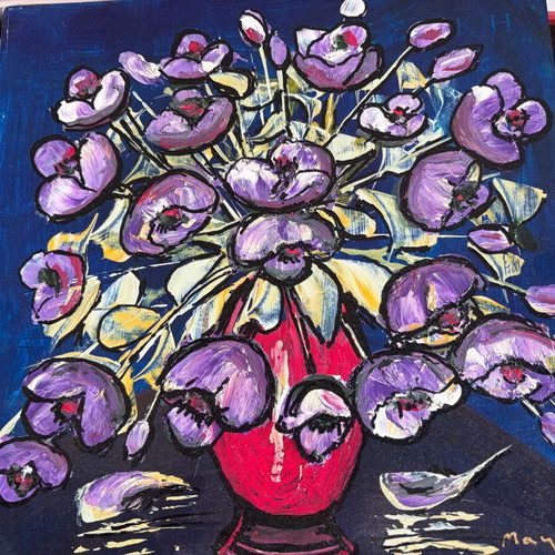 Painting by Manos Zacharakis Tropical Flowers oil on wood like new