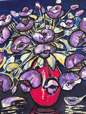 Painting by Manos Zacharakis Tropical Flowers oil on wood like new