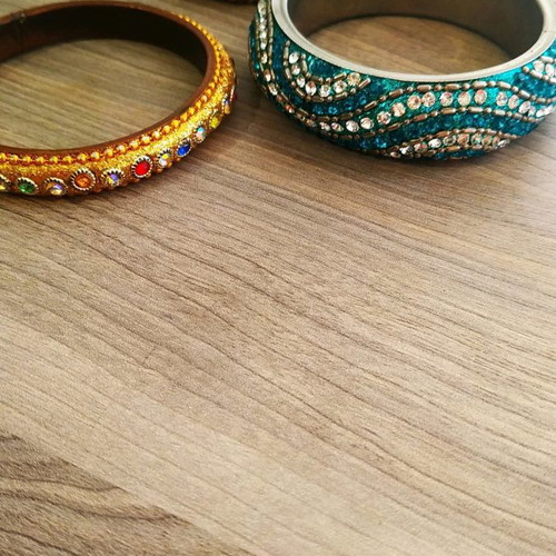 Ethnic bracelets used, set of 3, gold and green colors