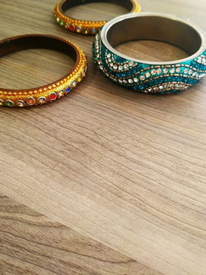 Ethnic bracelets used, set of 3, gold and green colors