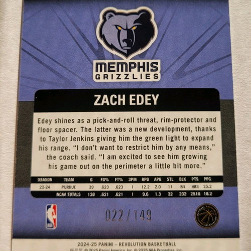 Zach Edey 2024-25 Panini Revolution Fireworks RC card like new