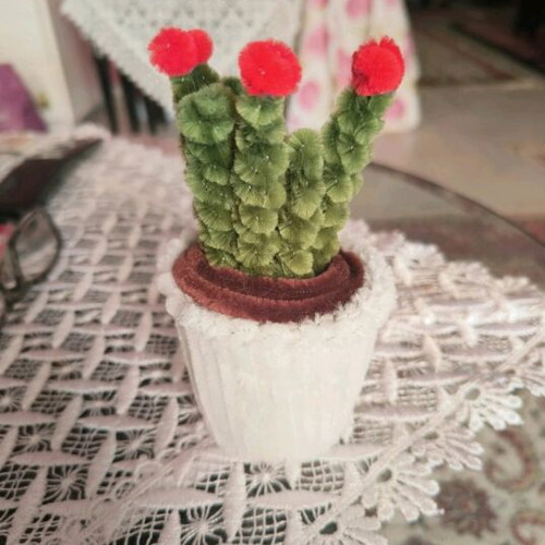 Handmade Blooming Cactus in White Pot made of Pipe Cleaner