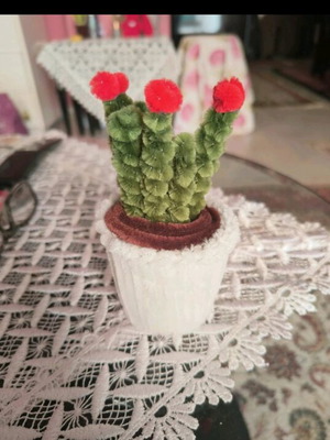 Handmade Blooming Cactus in White Pot made of Pipe Cleaner