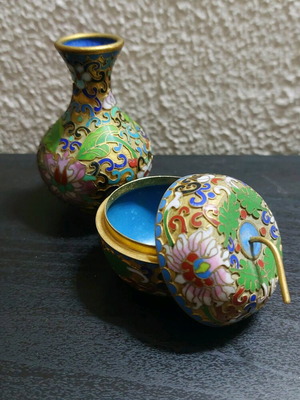 Cloisonne Miniature Set used, handcrafted enamel, brass