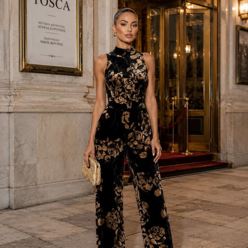 Lipsy London velvet jumpsuit, black and gold, size S