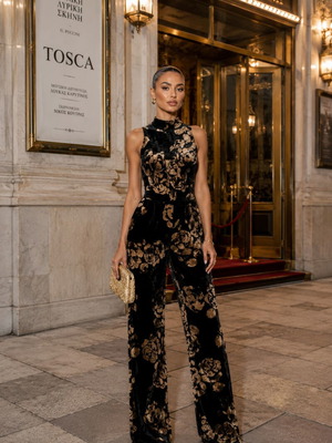 Lipsy London velvet jumpsuit, black and gold, size S