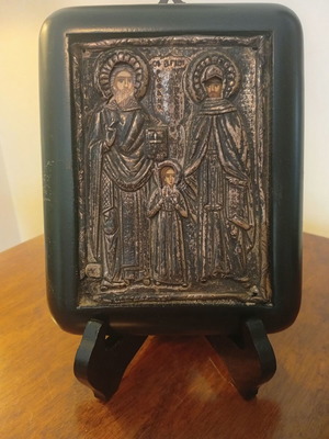 Icon of Saints Raphael, Nicholas and Irene in pure silver 950 like new