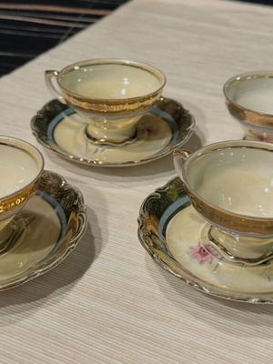 Vintage iridescent porcelain lusterware set used, 4 cups and 3 saucers
