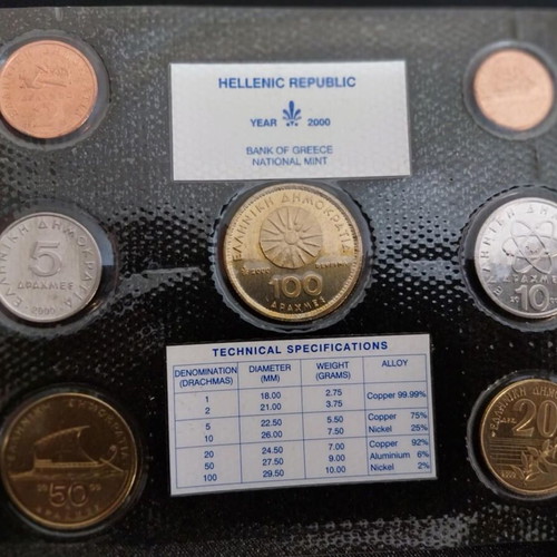 Greek drachma and euro coin sets, sealed blister and nylon