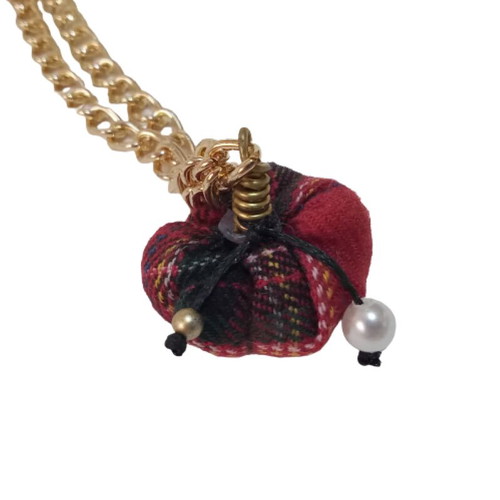 Long Christmas Necklace New With Handmade Mini Pumpkin Red Check