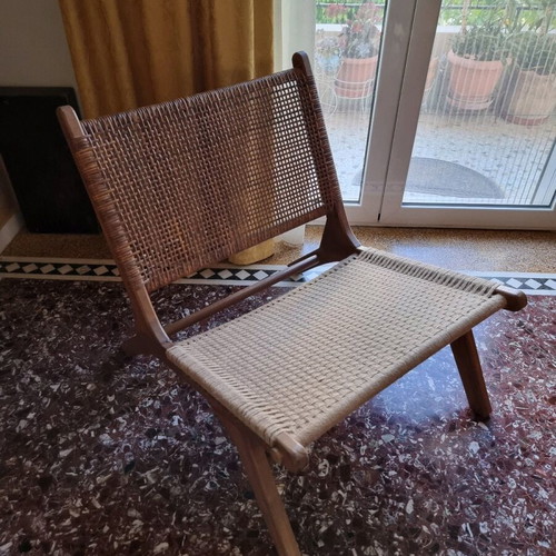 Πολυθρόνα lounge σαν καινούργιο από ξύλο μάνγκο με baboo πλέξη και σχοινί