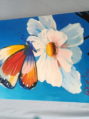 Butterfly next to white flower painting new, 30x40cm