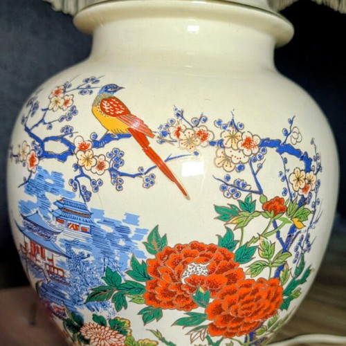 Vintage porcelain table lamp with Asian bird, flowers & pagoda motif