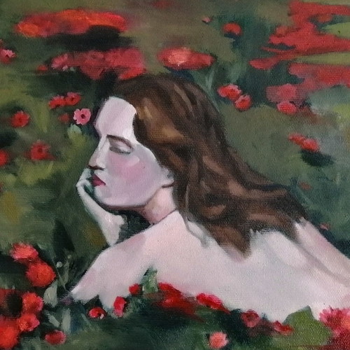 Original oil painting nude woman with flowers new, on stretched canvas 30x30cm