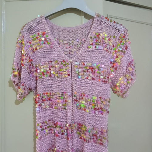 Knitted short-sleeve cardigan with sequins and beads, Small/Medium