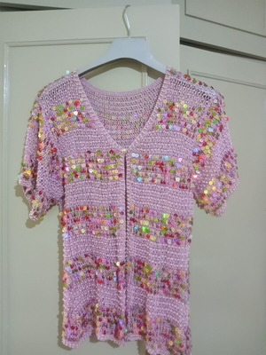 Knitted short-sleeve cardigan with sequins and beads, Small/Medium