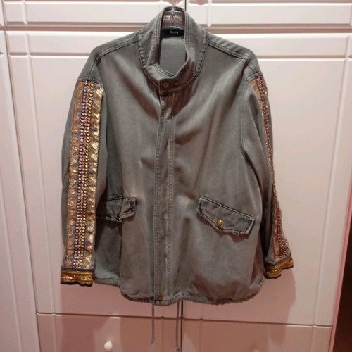 Embroidered denim jacket like new, gray and gold
