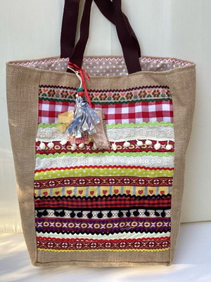 Jute tote bag shoulder type new, handmade with patchwork and lace details