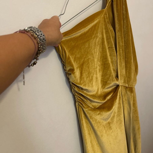 Evening velvet dress gold like new, one shoulder