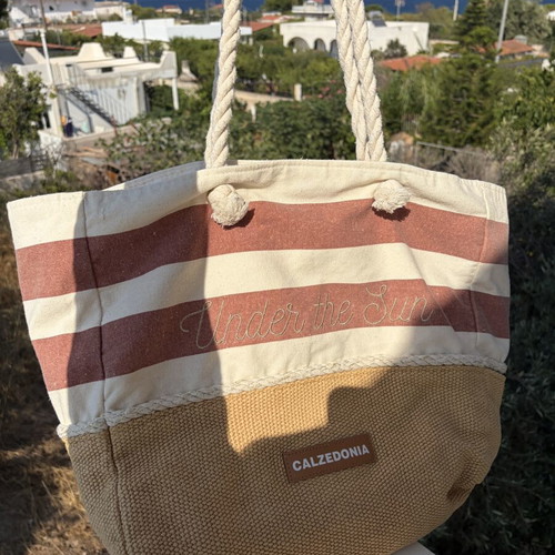 Calzedonia beach shoulder bag, boho summer style, striped beige and brick
