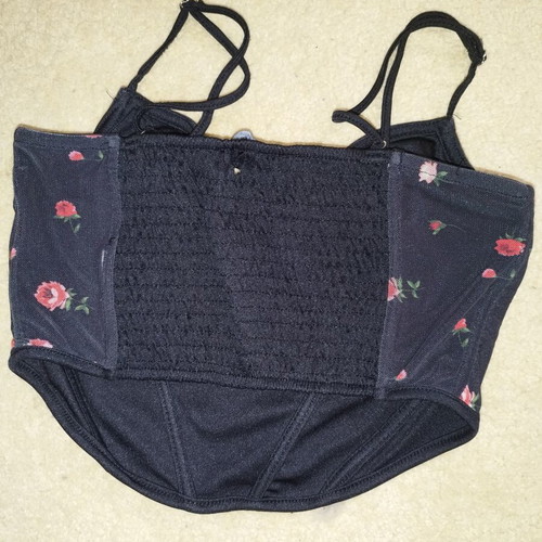 Stradivarius floral corset top used, adjustable straps, black and pink