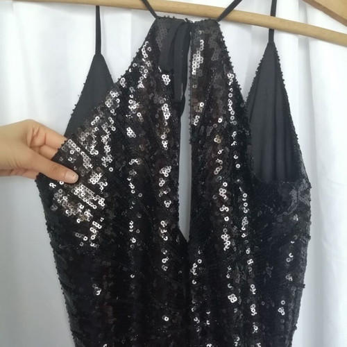 Voyelles short dress with sequins and beads, deep neckline, size S, like new
