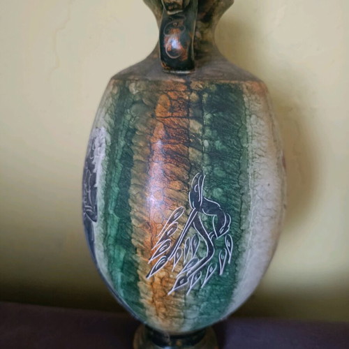 Clay vase new, completely handmade and painted, height 33 cm