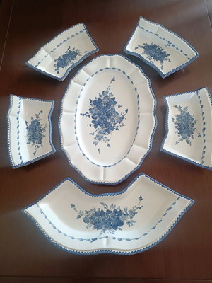Vintage dinnerware set of 6 pieces white and blue with hand-painted flowers, like new