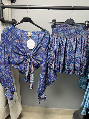 Boho silk women's set, blue, top and skirt