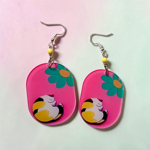 Cute Cat Retro Handmade Earrings new, playful pink floral design