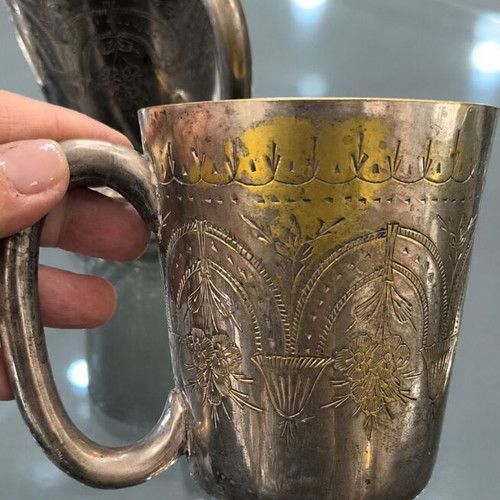 Silver-Plated Vintage Wine Cups set of 4 used, ornate floral engraving