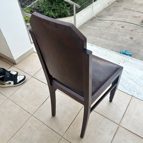 Set of 4 vintage solid wood dining chairs with original burgundy leather seats, Art Deco style