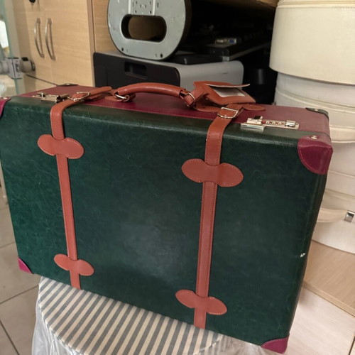 Vintage travel suitcase new, burgundy-green leatherette with lock