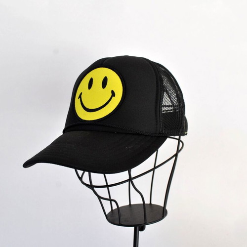 Aviator Nation Smiley Vintage Trucker Hat, black and yellow
