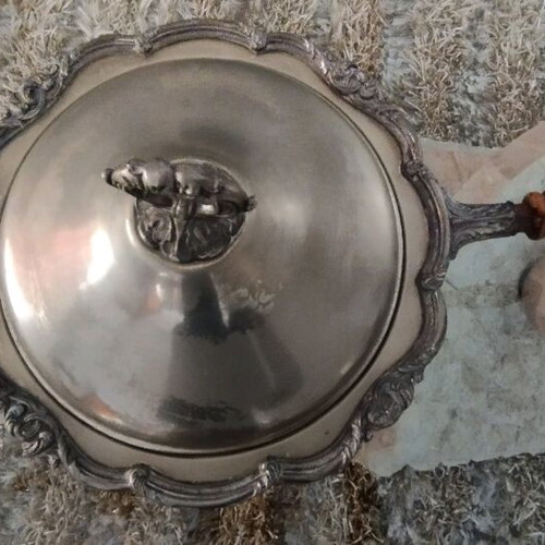 Antique hot serving dish used with wooden handle and 5 detachable parts