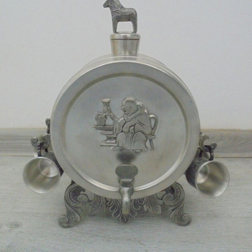 Swedish pewter decanter set with 6 small metal cups, TENN BOLLNÄS