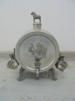 Swedish pewter decanter set with 6 small metal cups, TENN BOLLNÄS